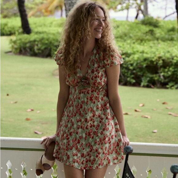 NWT Doen Kelsea Silk Rosette Floral V-Neck Short Sleeve Mini Dress Tulip Fields - Picture 2 of 16